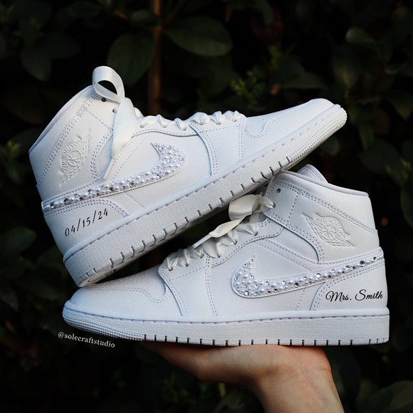 Wedding Sneakers for Bride Personalized Jordan 1 Mid with Rhinestones & Pearls - Picture 5 of 8